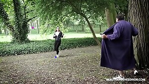 Creeper flashes young hot runner! She stop and fucks the old dude!