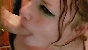 Thick pretty redhead sucks and strokes for facial